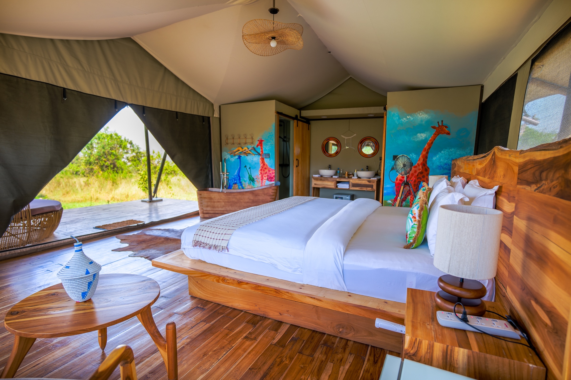 Scenic view tent luxury bathroom with bathtub