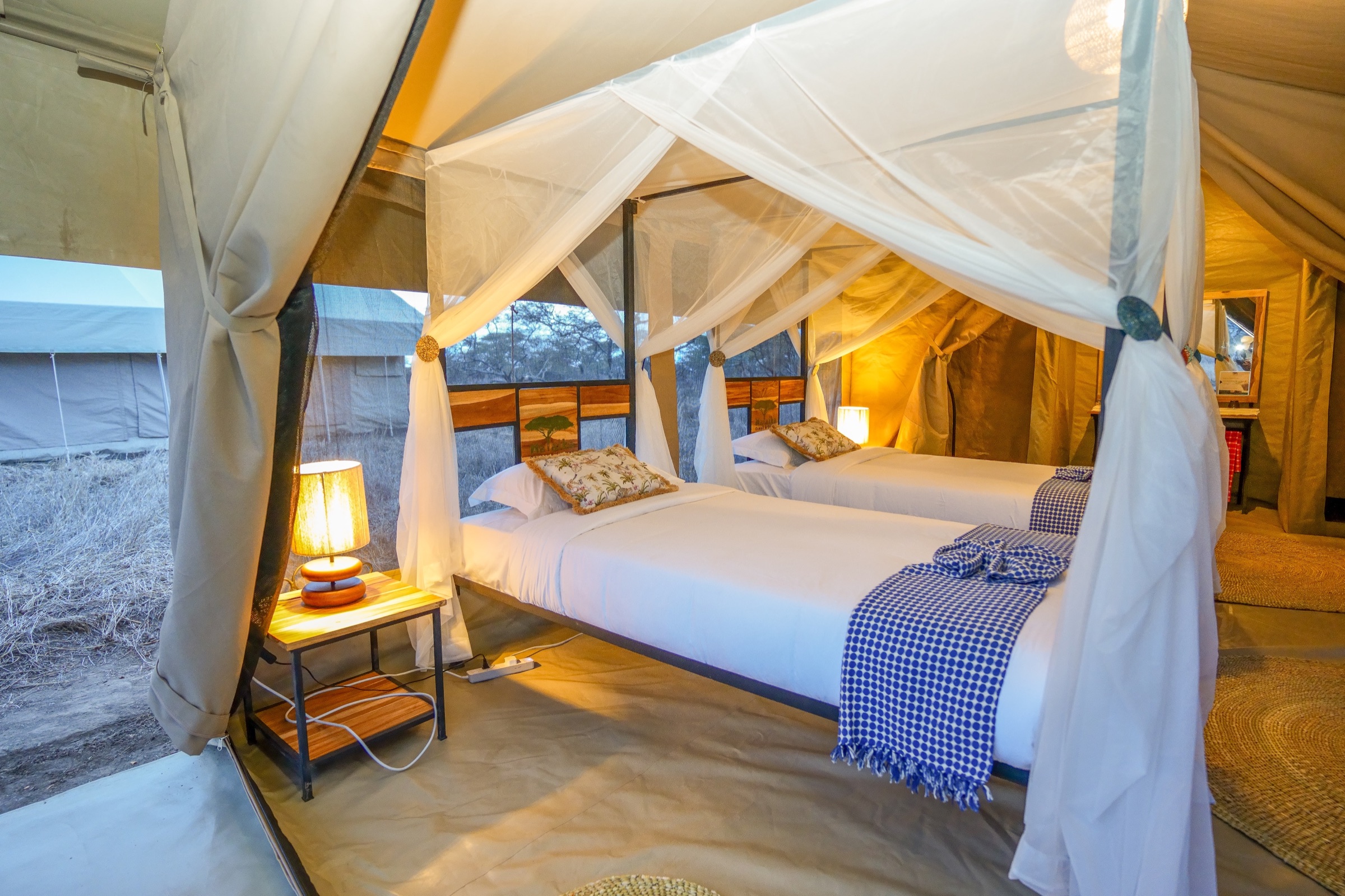 Migration camp accommodation with canvas tents and safari setting